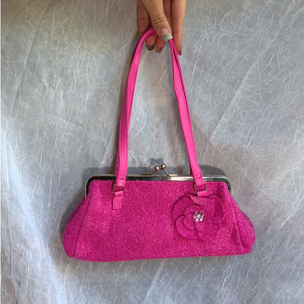 Y2K‎ Vintage Hot Pink Boucle Flower Frame Bag Kiss Lock Rhinestone Handbag